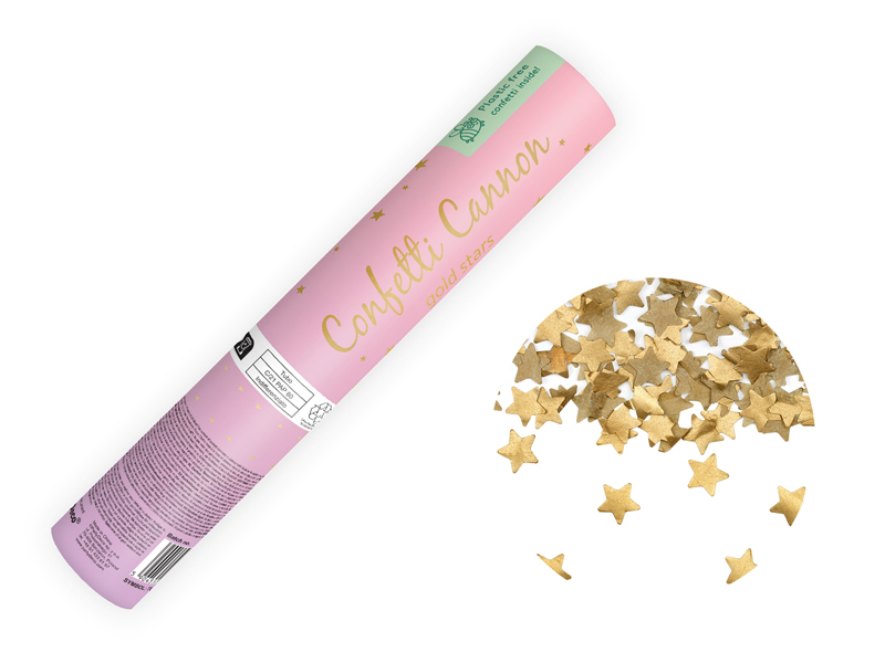 Confetti cannon with stars, 20 cm, gold